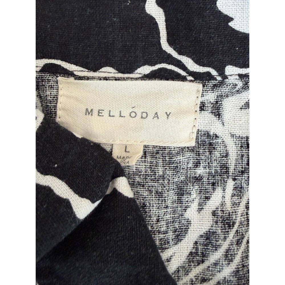 MELLODAY Black & White Floral Abstract Print Midi Shirt Rayon-Linen Blend Dress - Picture 2 of 11